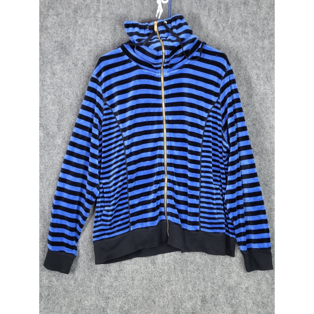Calvin Klein 2X Zip Up Striped Velvet Funnel‎ Neck Jacket Blue Black Plus Size